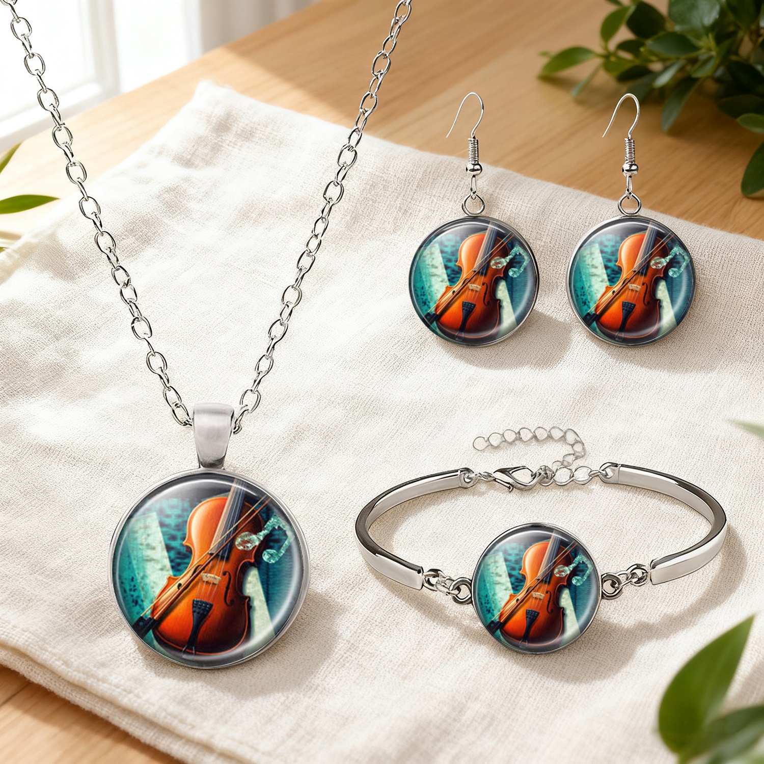 4pc Classical Music Art Motif Necklace, Bracelet & Earrings Set